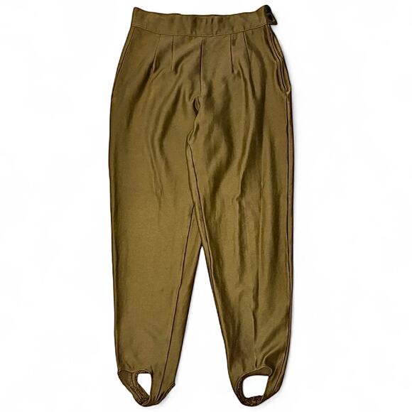 Vtg 80s Votre Nom Paris Stretch Stirrup Pants M/L Olive Green High Waist France - Picture 1 of 7